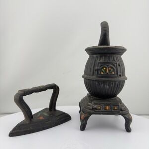Vintage Cast Iron Miniature Pot Belly Stove And Iron Doll Furniture Heavy Figure